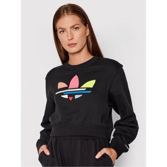Adidas Originals Adicolor Shattered Black Cropped Sweatshirt Size Large - Picture 1 of 15